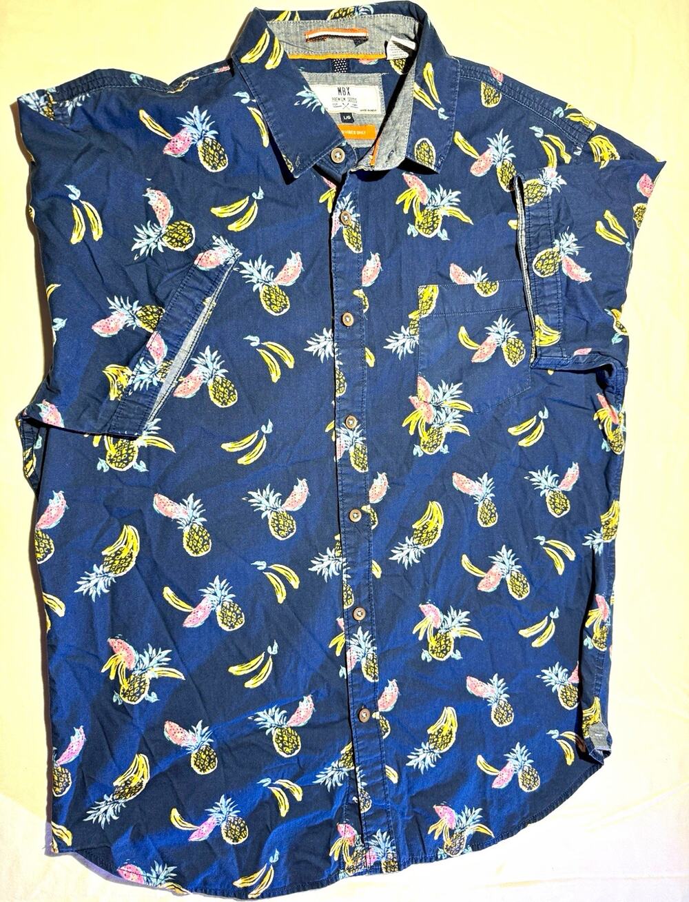 MBX Men L Blue Tropical Fruit Print Cotton Woven Short Sleeve Button-Up #205